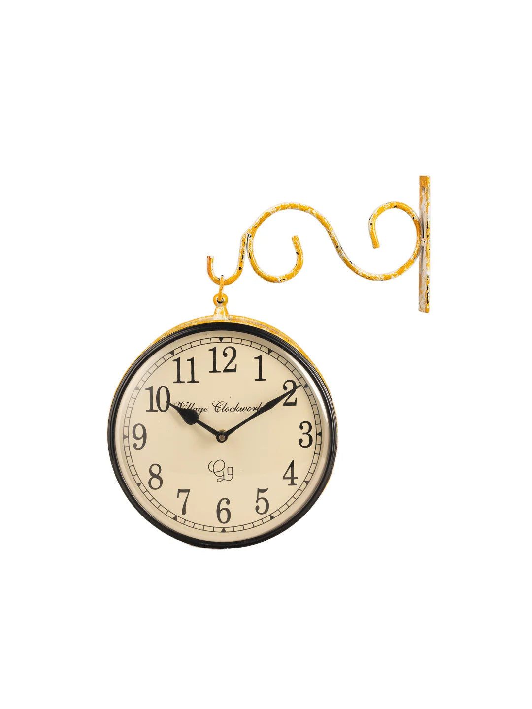 Metal Round Station Clock Handpainted Yellow 8 Inches Wall Clock