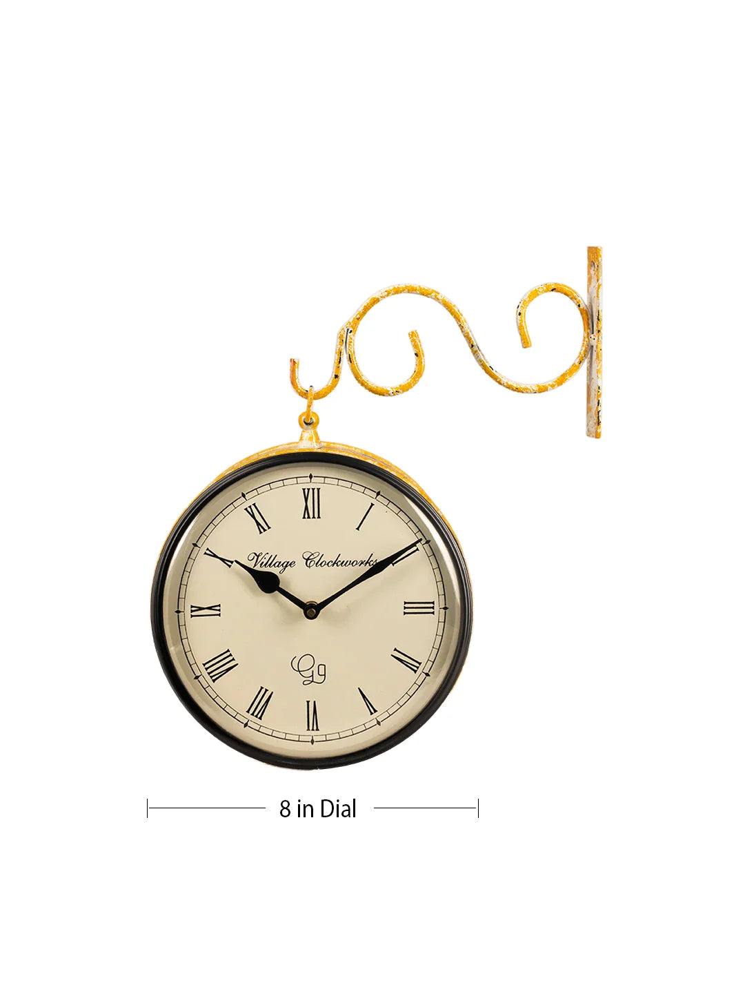 Metal Round Station Clock Handpainted Yellow 8 Inches Wall Clock