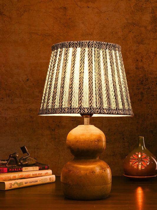 Wooden Double Dome Table Lamp with Pleeted Colorful Grey Taper Shade