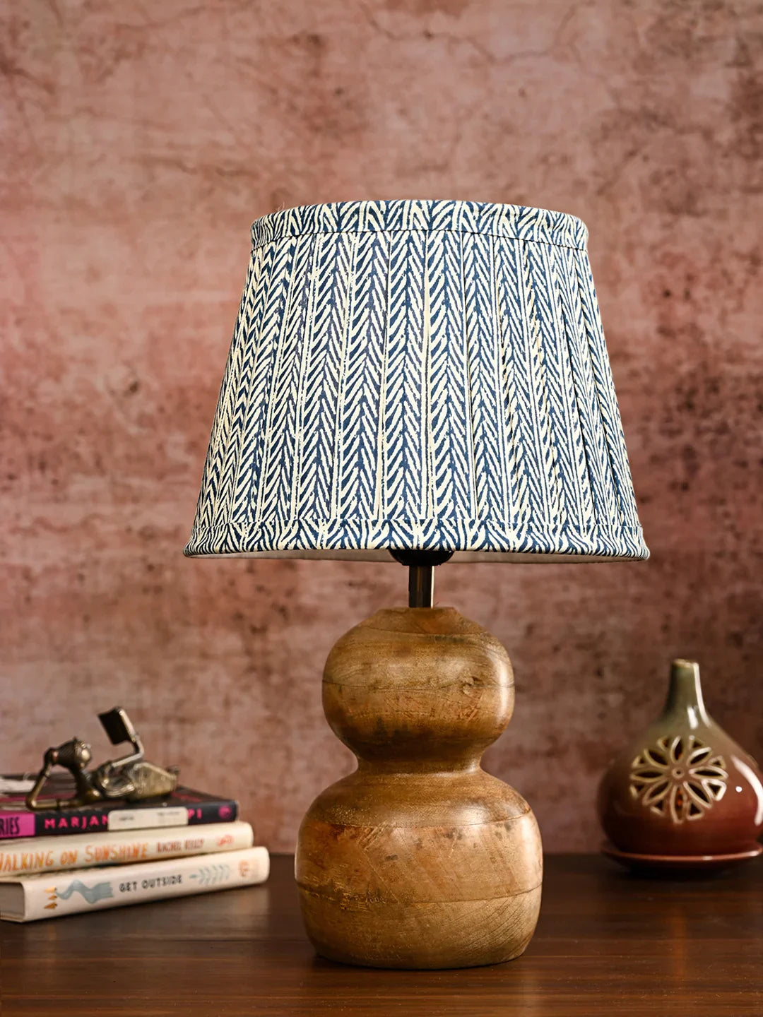 Wooden Double Dome Table Lamp with Pleeted Colorful Grey Taper Shade