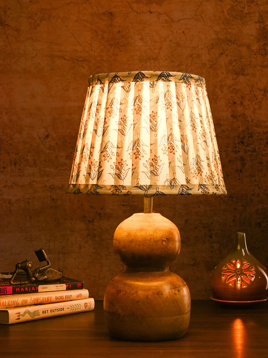 Wooden Double Dome Table Lamp with Pleeted Colorful Lemon Taper Shade