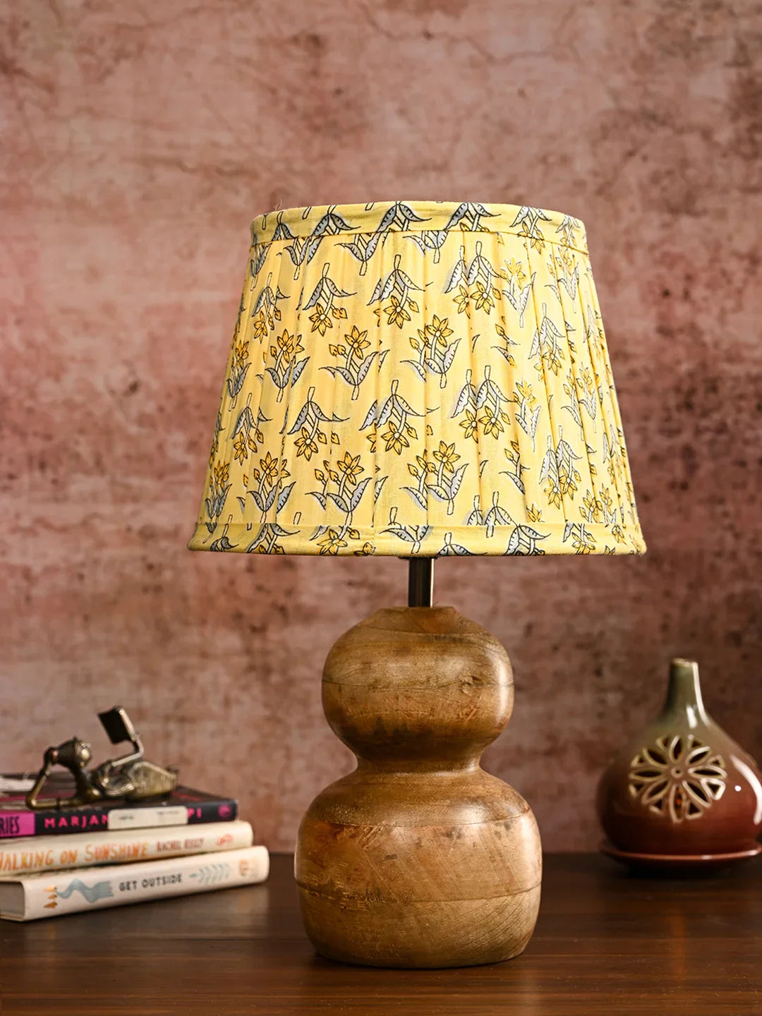 Wooden Double Dome Table Lamp with Pleeted Colorful Lemon Taper Shade
