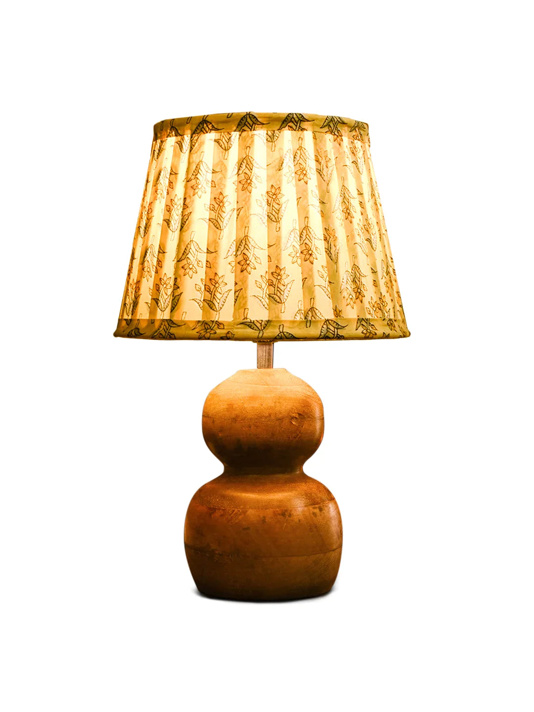 Wooden Double Dome Table Lamp with Pleeted Colorful Lemon Taper Shade
