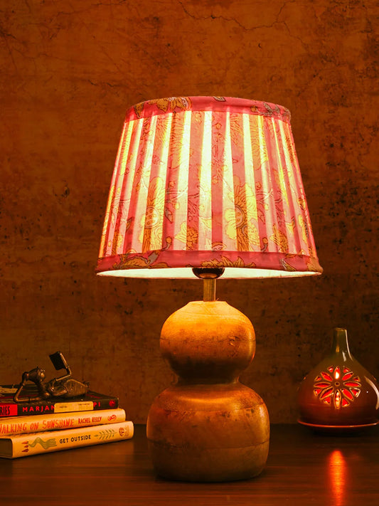 Wooden Double Dome Table Lamp with Pleeted Colorful Pink Taper Shade