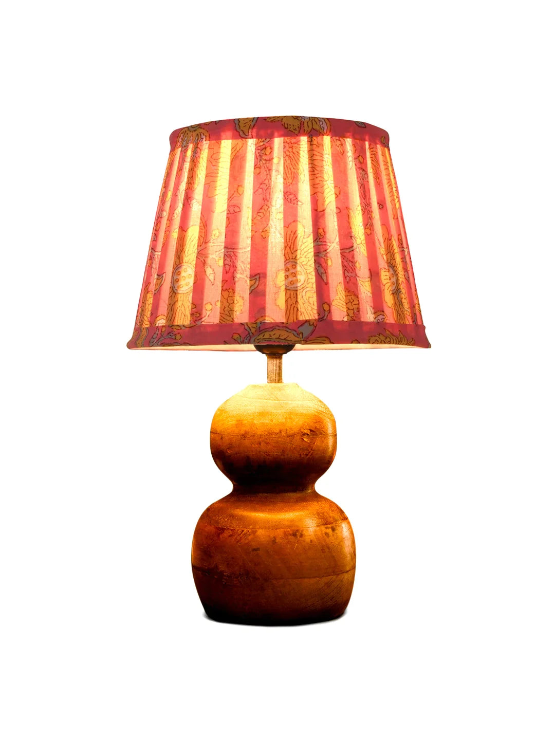 Wooden Double Dome Table Lamp with Pleeted Colorful Pink Taper Shade