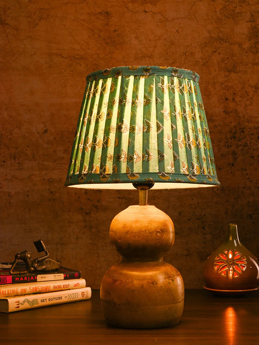 Wooden Double Dome Table Lamp with Pleeted Colorful Turquoise Taper Shade