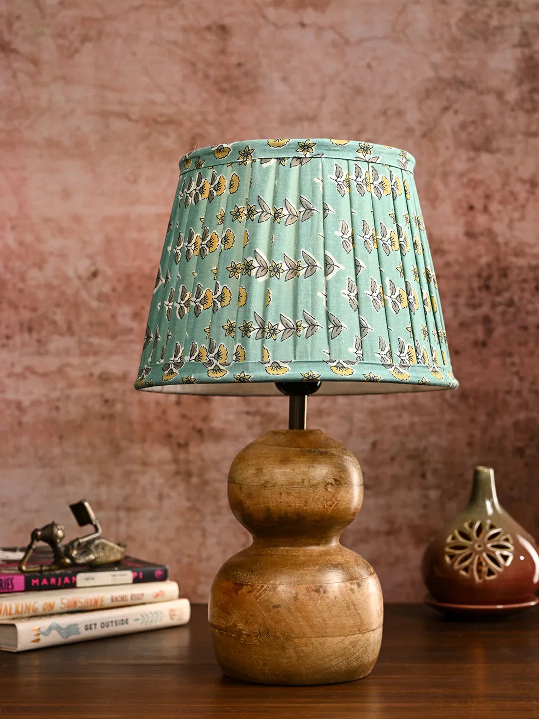 Wooden Double Dome Table Lamp with Pleeted Colorful Turquoise Taper Shade