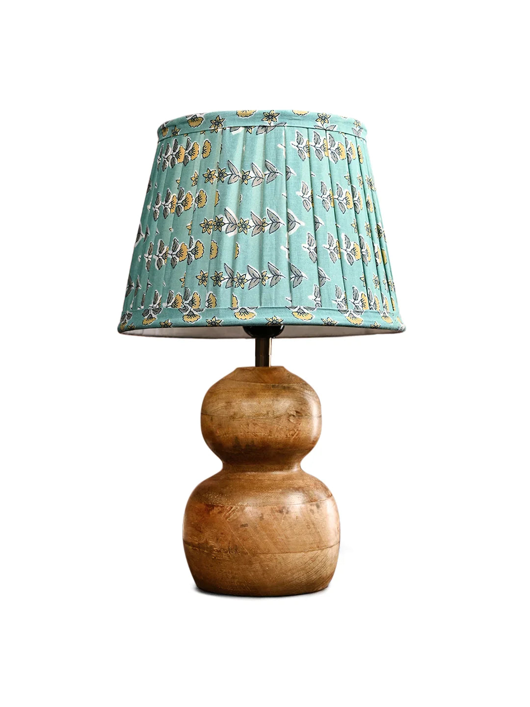 Wooden Double Dome Table Lamp with Pleeted Colorful Turquoise Taper Shade