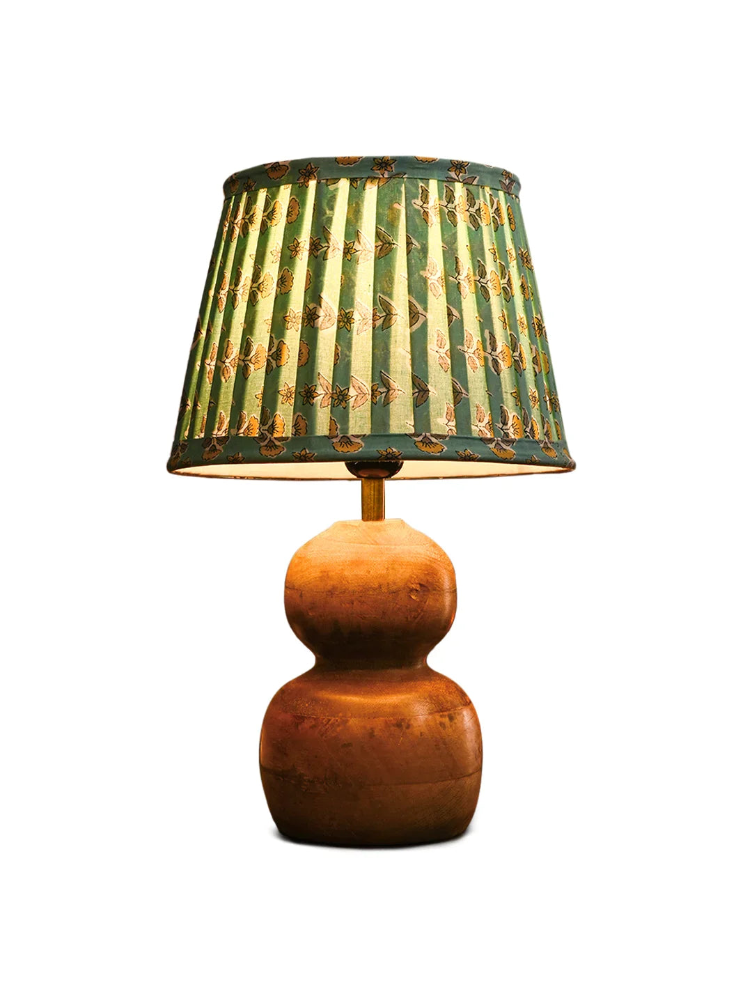Wooden Double Dome Table Lamp with Pleeted Colorful Turquoise Taper Shade