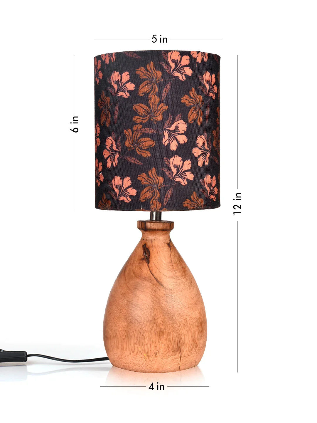 Wooden Dome Table Lamp Black Floral Shade