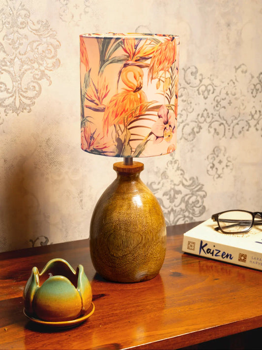 Wooden Dome Table Lamp with Multicolor Pink Flamingo Lamp Shade