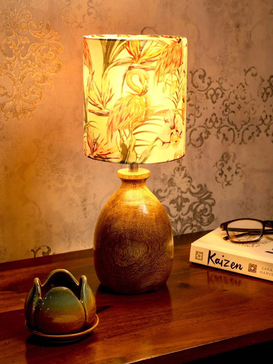 Wooden Dome Table Lamp with Multicolor Pink Flamingo Lamp Shade