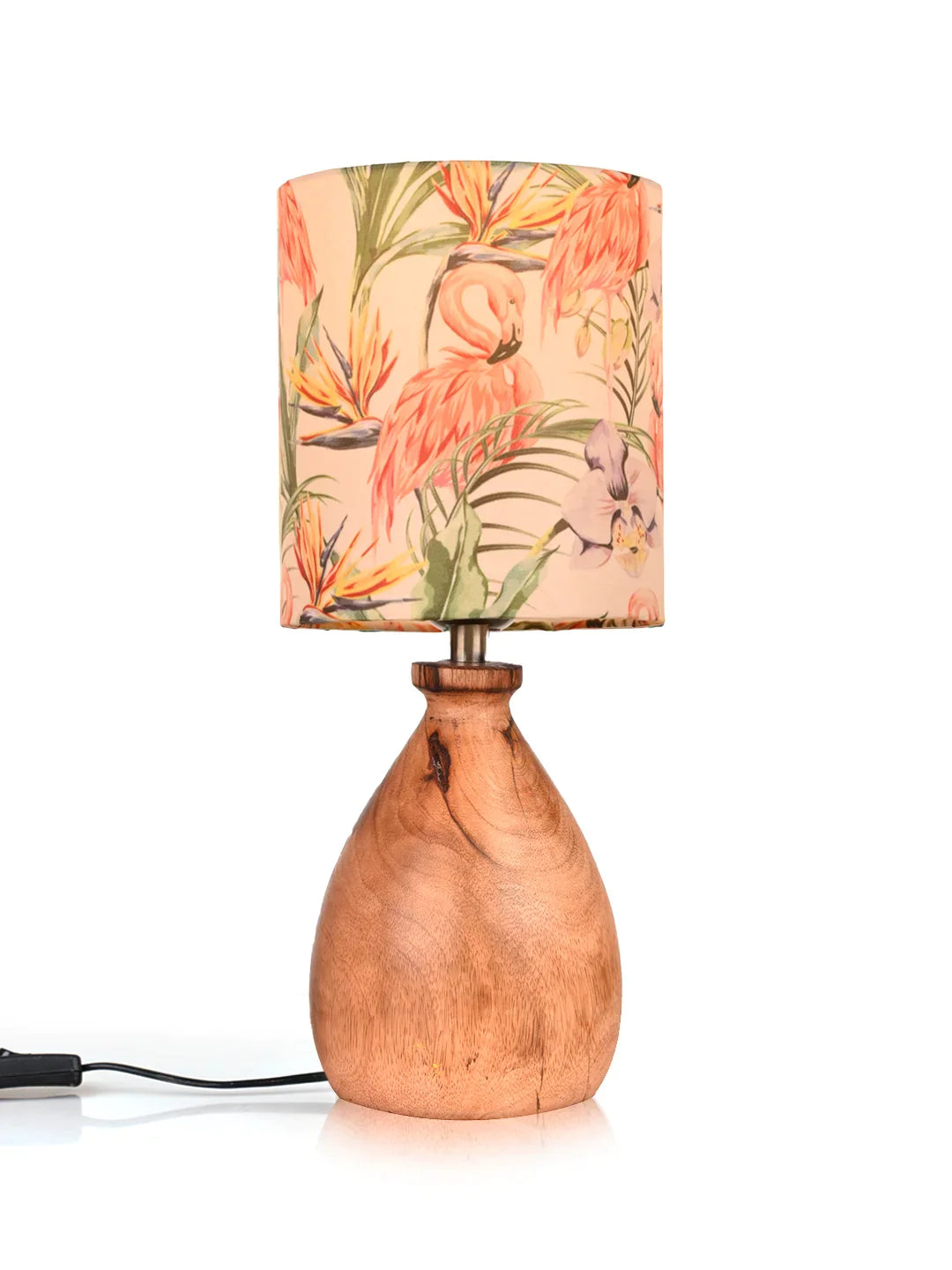 Wooden Dome Table Lamp with Multicolor Pink Flamingo Lamp Shade