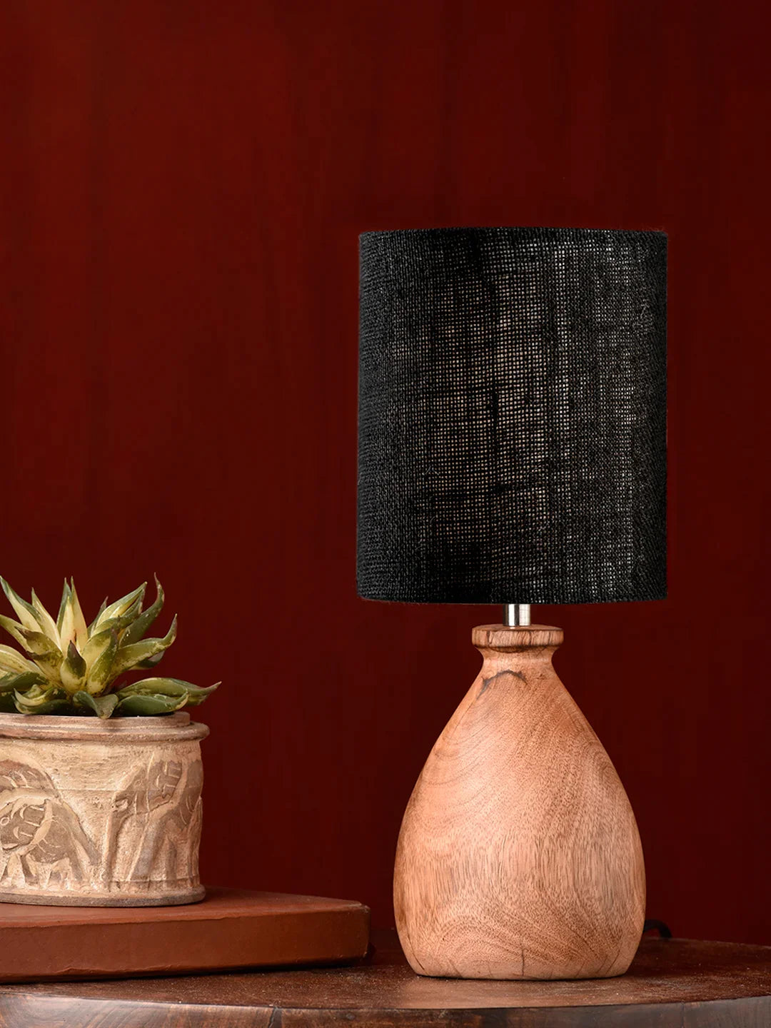 Wooden Dome Table Lamp with Jute Black Shade