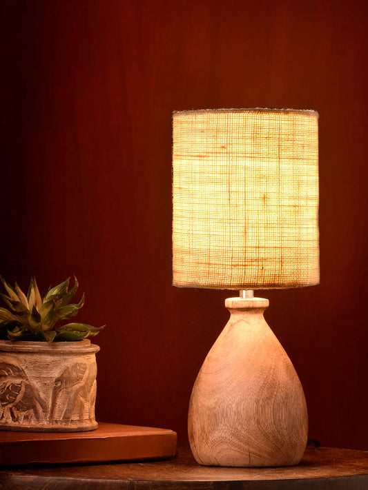 Wooden Dome Table Lamp with Jute White Shade