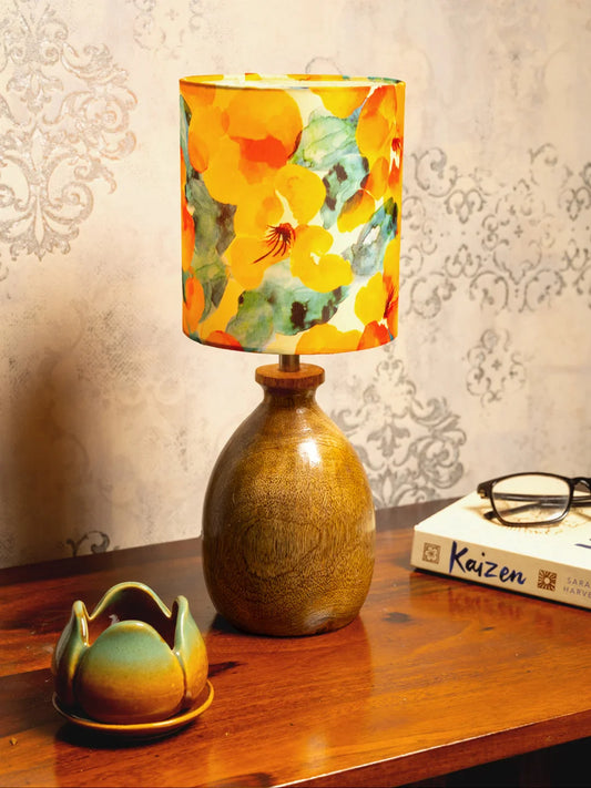 Wooden Dome Table Lamp with Multicolor Orange Lamp Shade