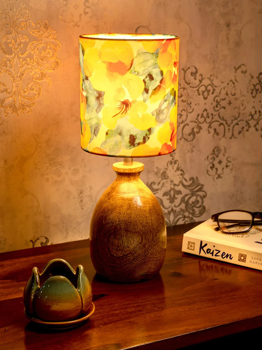 Wooden Dome Table Lamp with Multicolor Orange Lamp Shade
