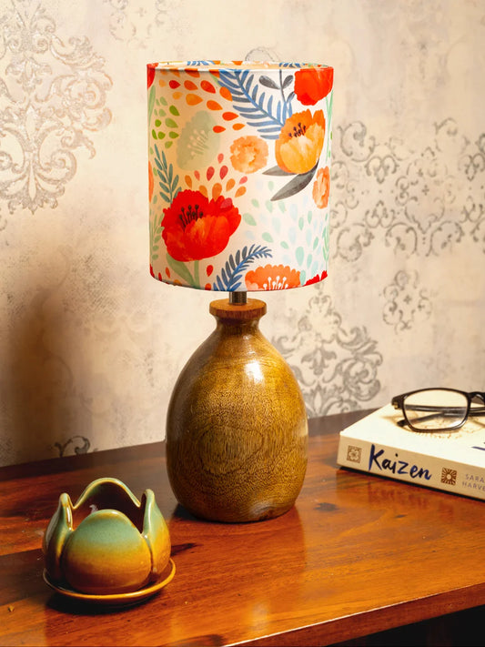 Wooden Dome Table Lamp with Multicolor Red Lamp Shade