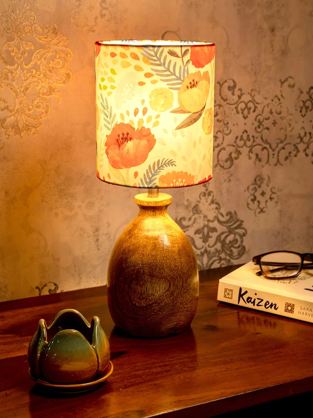 Wooden Dome Table Lamp with Multicolor Red Lamp Shade