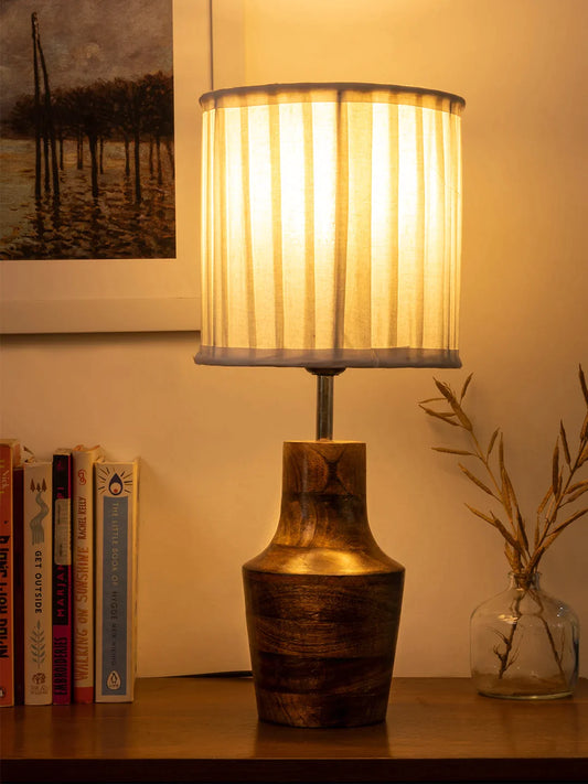 Wooden Firkin Lamp with Pleeted Cotton White Shade