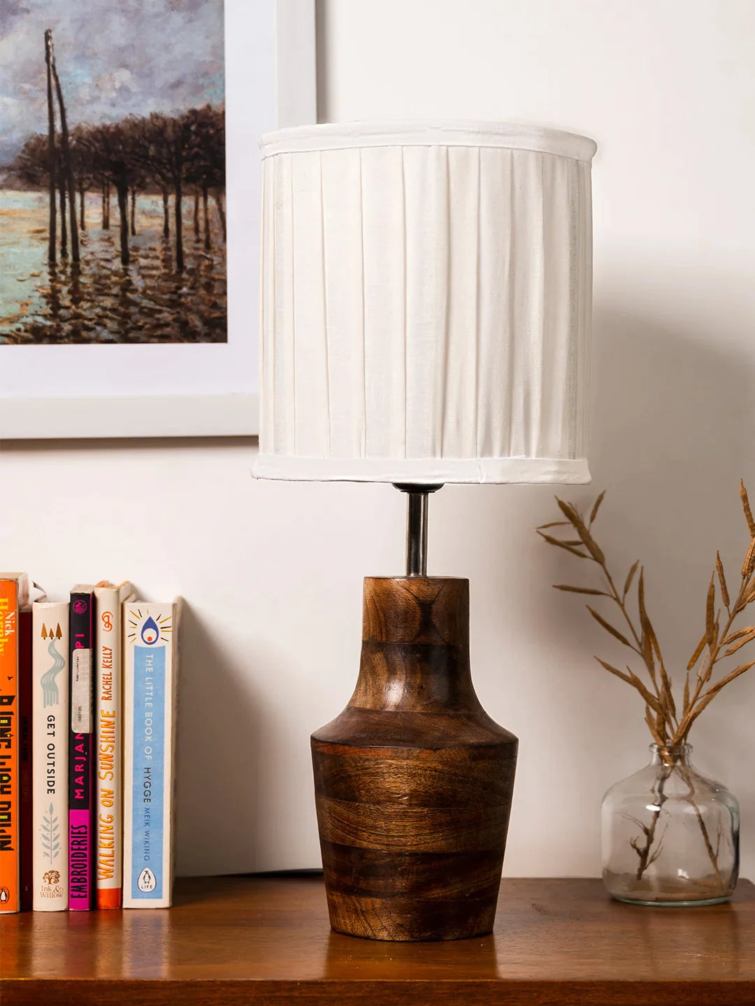 Wooden Firkin Lamp with Pleeted Cotton White Shade