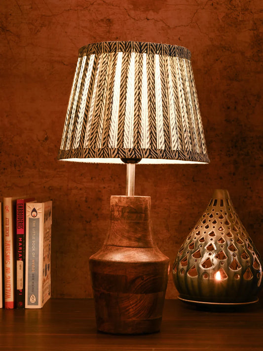 Wooden Firkin Table Lamp with Pleeted Colorful Grey Taper Shade