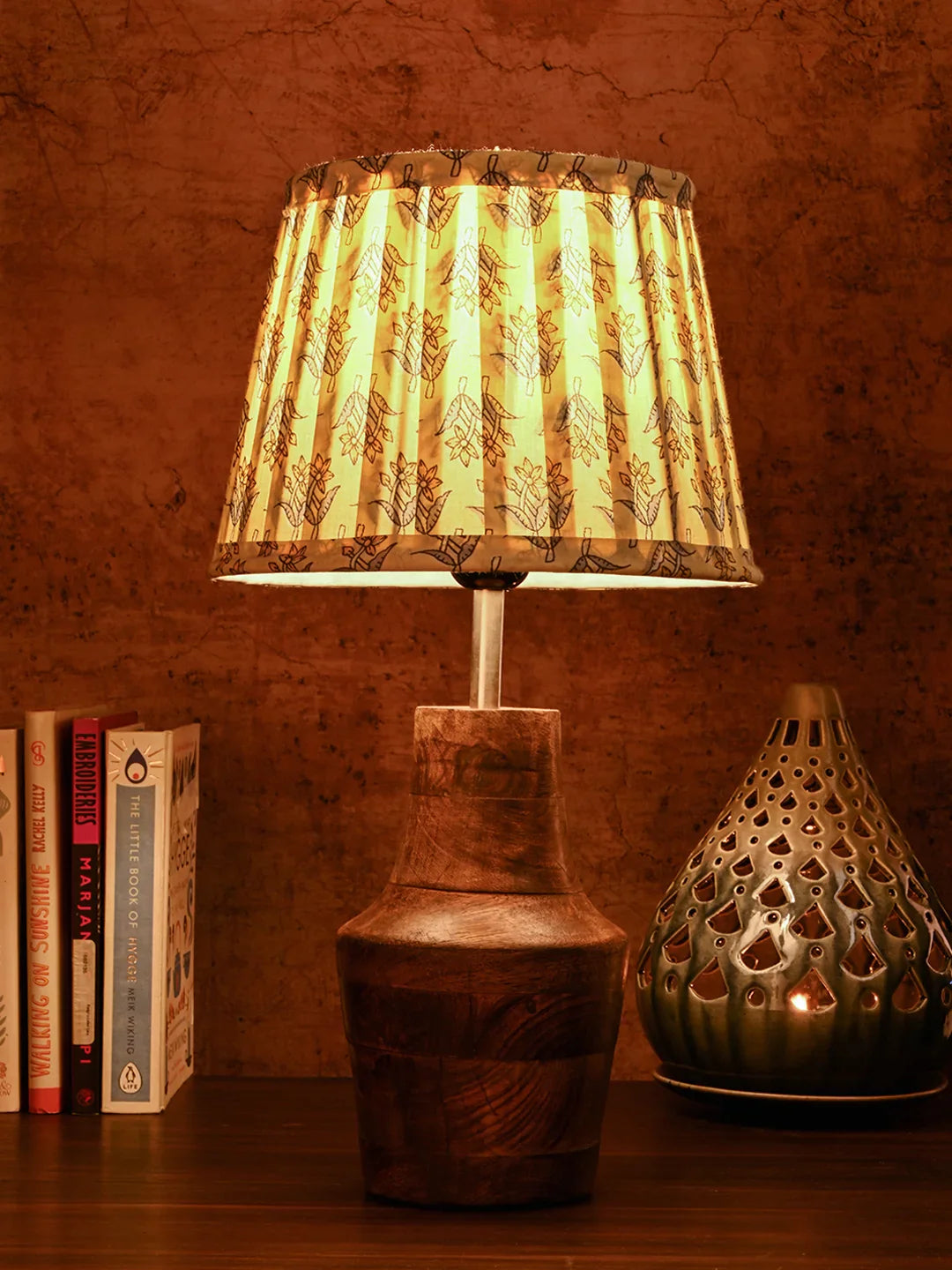 Wooden Firkin Table Lamp with Pleeted Colorful Lemon Taper Shade