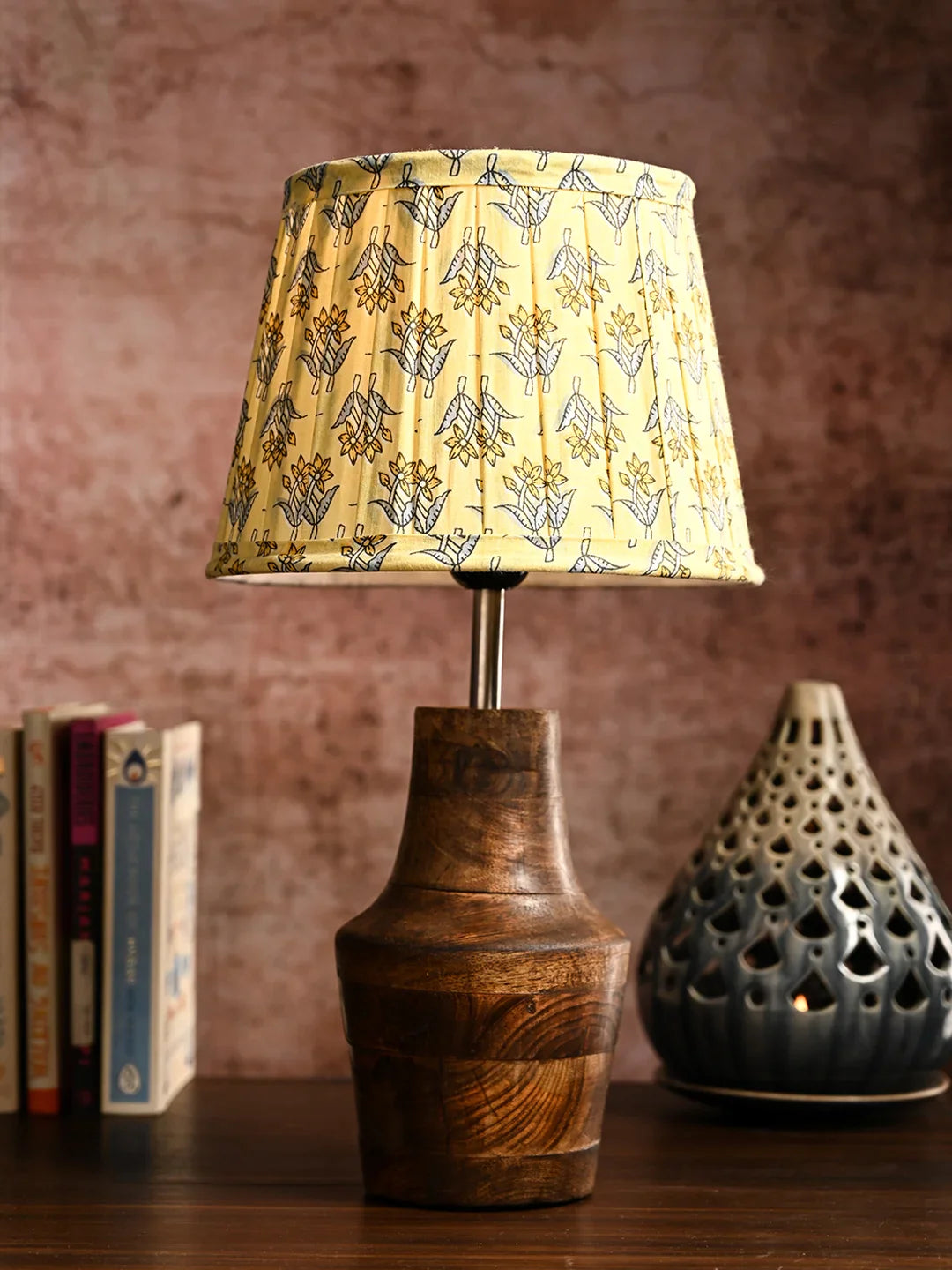 Wooden Firkin Table Lamp with Pleeted Colorful Lemon Taper Shade
