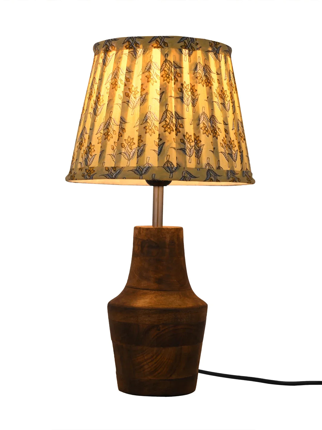 Wooden Firkin Table Lamp with Pleeted Colorful Lemon Taper Shade