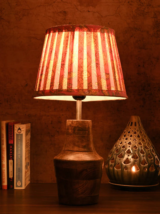 Wooden Firkin Table Lamp with Pleeted Colorful Pink Taper Shade