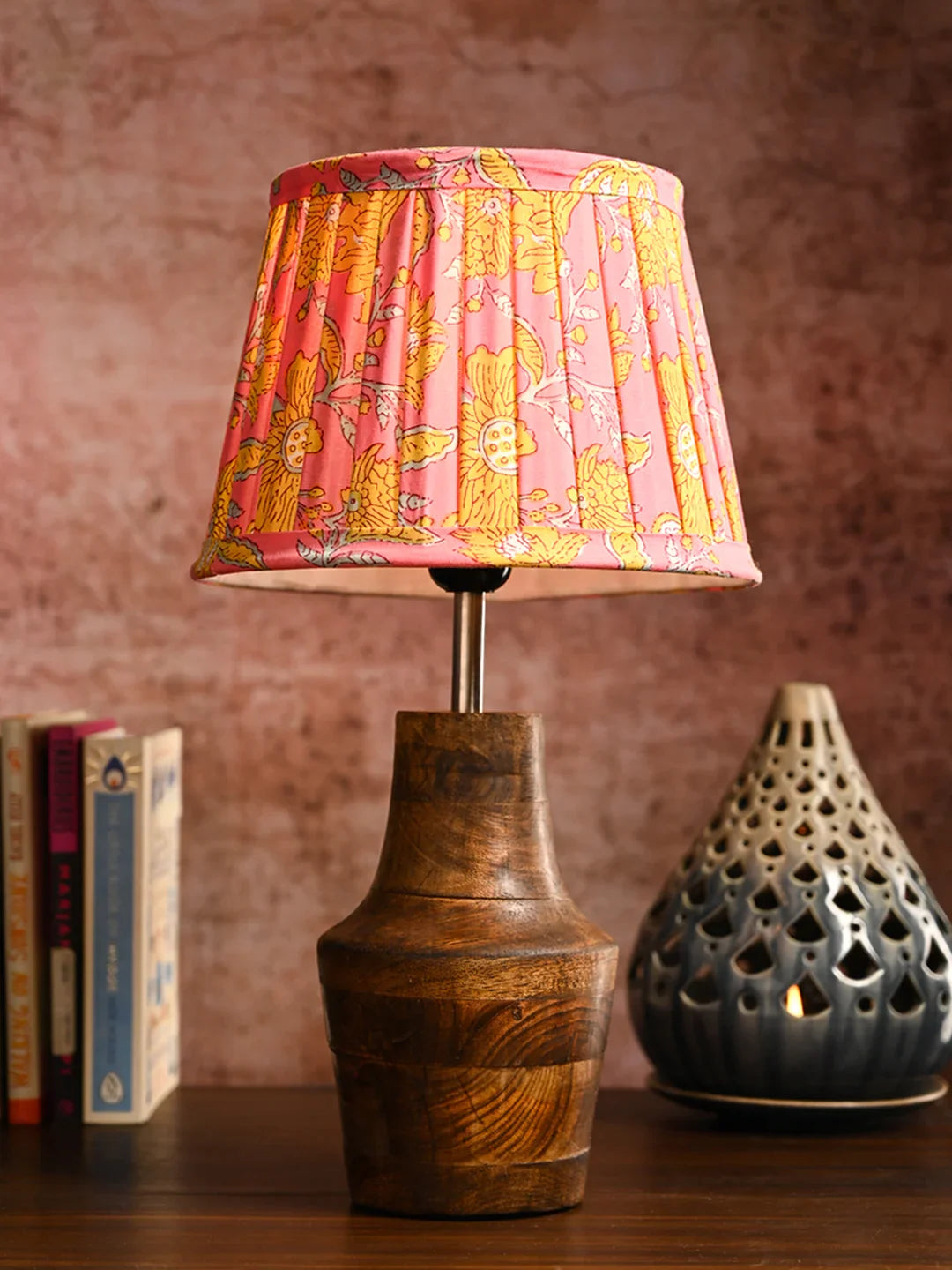 Wooden Firkin Table Lamp with Pleeted Colorful Pink Taper Shade