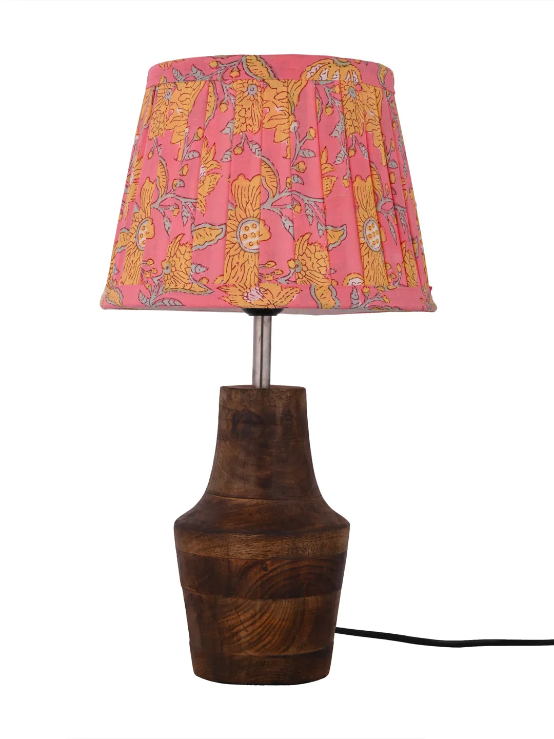 Wooden Firkin Table Lamp with Pleeted Colorful Pink Taper Shade
