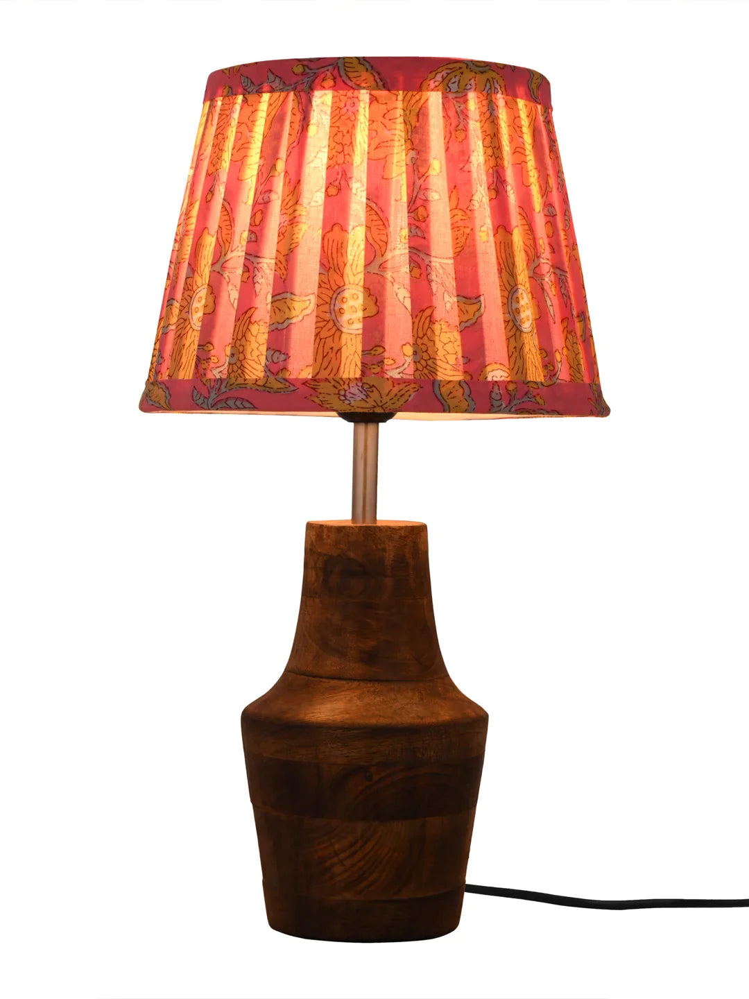 Wooden Firkin Table Lamp with Pleeted Colorful Pink Taper Shade