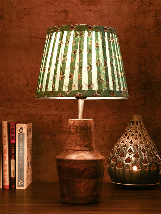 Wooden Firkin Table Lamp with Pleeted Colorful Turquoise Taper Shade