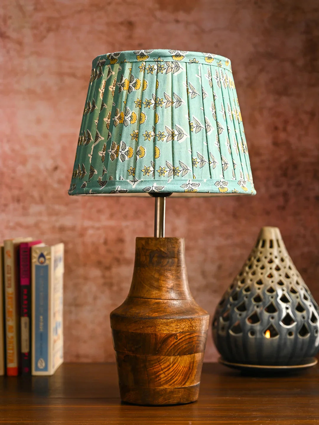 Wooden Firkin Table Lamp with Pleeted Colorful Turquoise Taper Shade