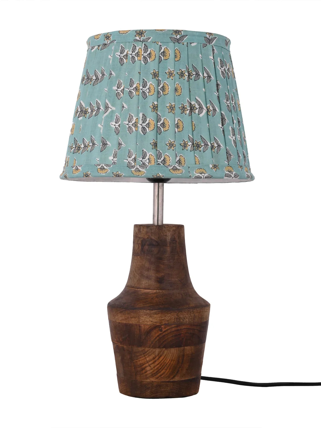Wooden Firkin Table Lamp with Pleeted Colorful Turquoise Taper Shade
