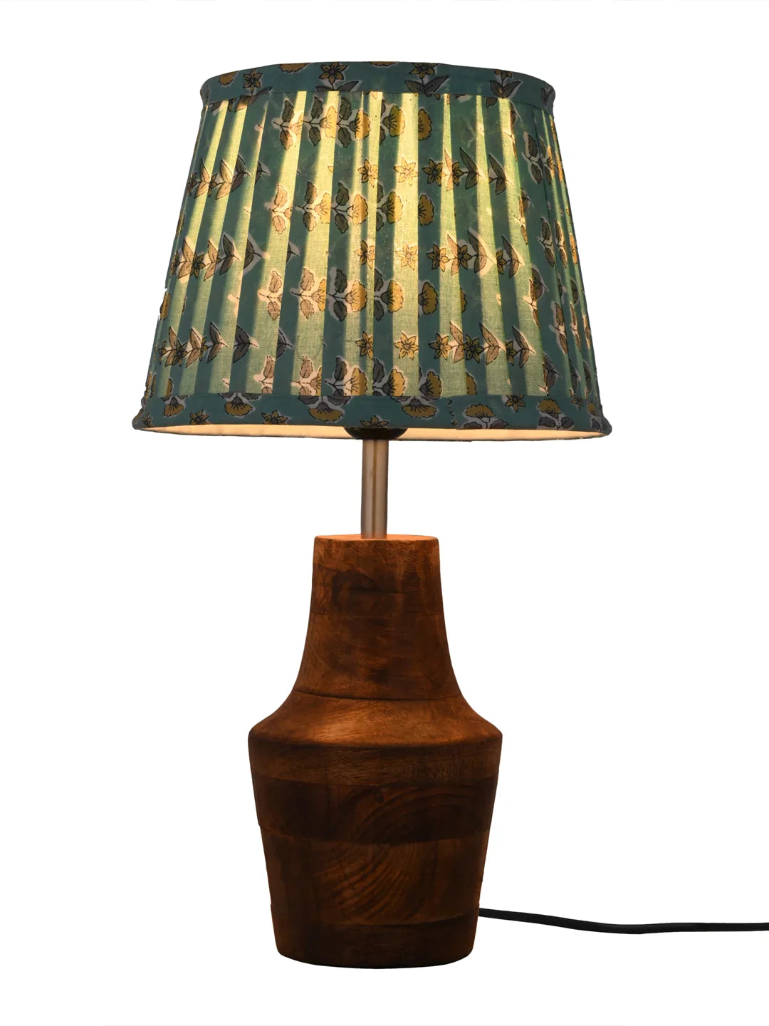Wooden Firkin Table Lamp with Pleeted Colorful Turquoise Taper Shade