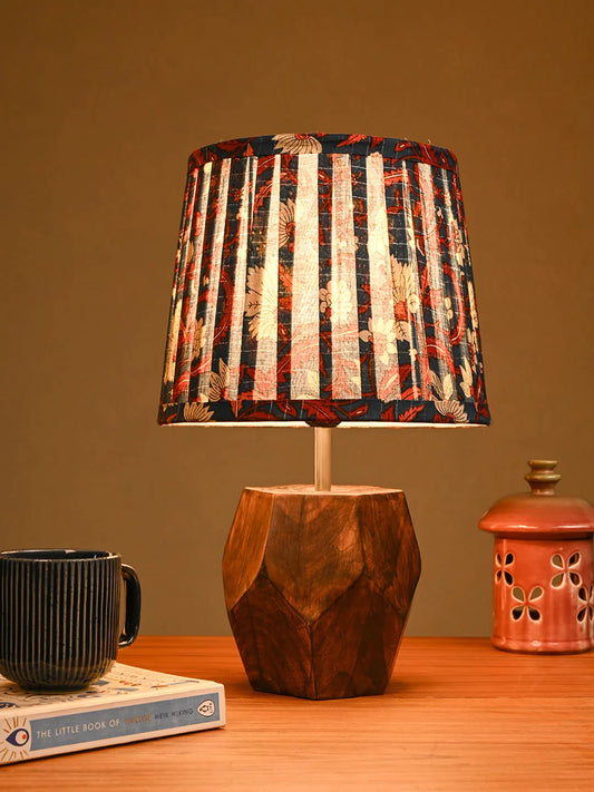 Hexa Wooden Lamp with Pleeted Multicolor Blue Shade