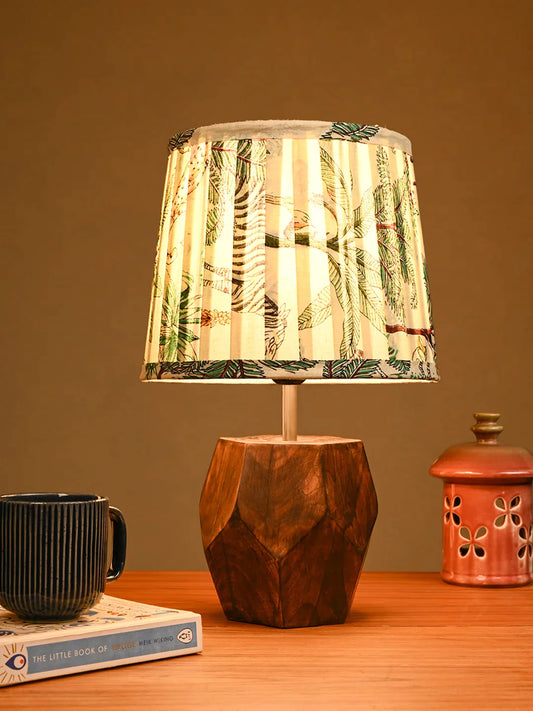 Hexa Wooden Lamp with Pleeted Multicolor Green Shade