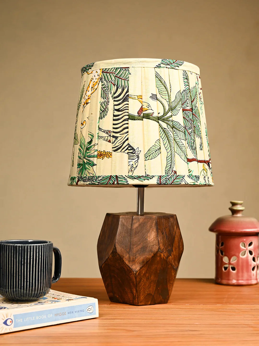 Hexa Wooden Lamp with Pleeted Multicolor Green Shade
