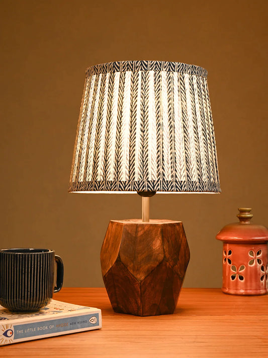 Hexa Wooden Lamp with Pleeted Multicolor Grey Shade