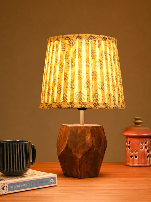 Hexa Wooden Lamp with Pleeted Multicolor Lemon Shade