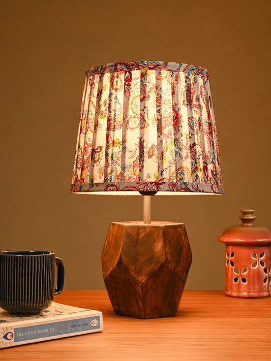 Hexa Wooden Lamp with Pleeted Multicolor Red Shade