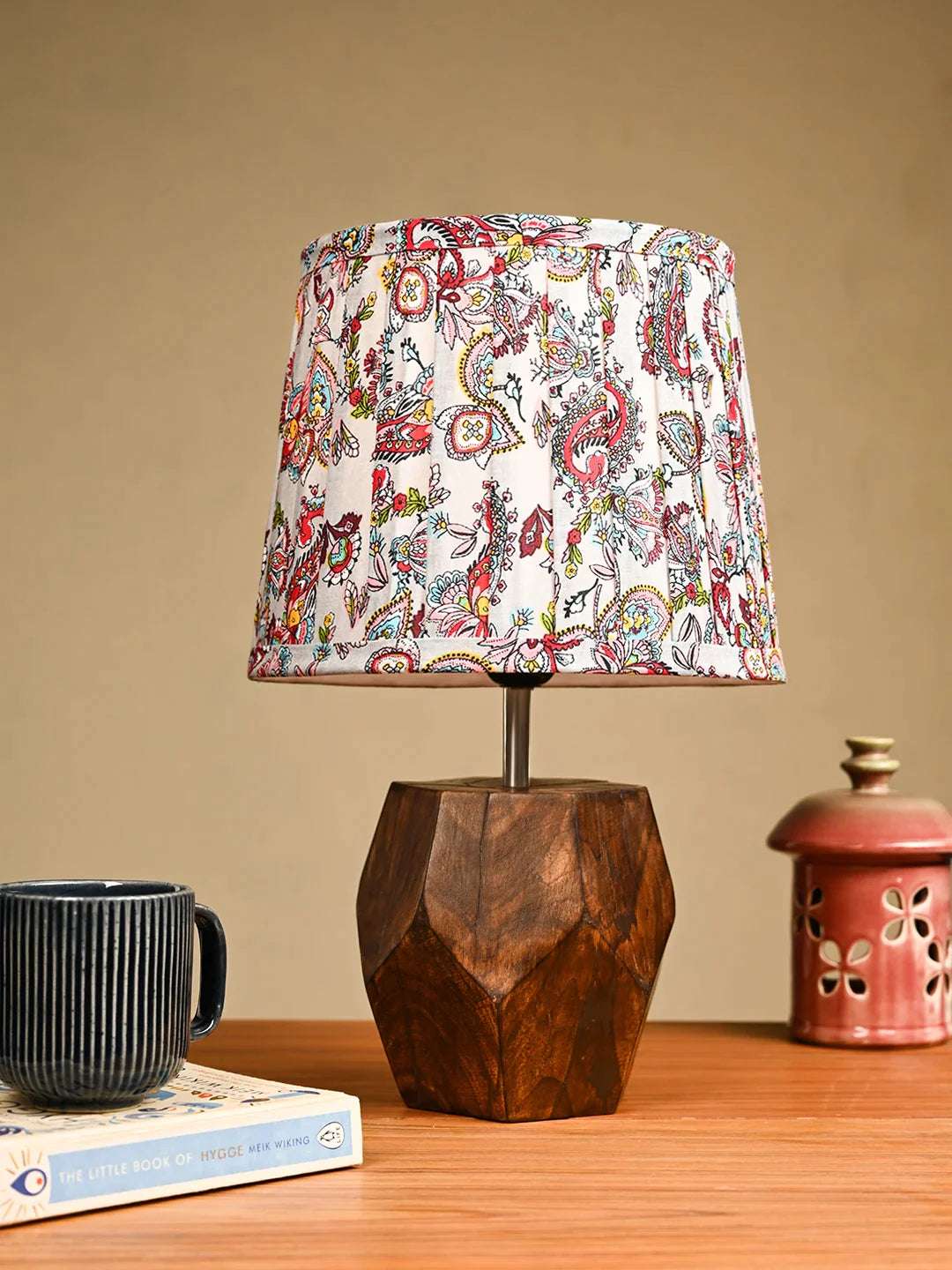 Hexa Wooden Lamp with Pleeted Multicolor Red Shade