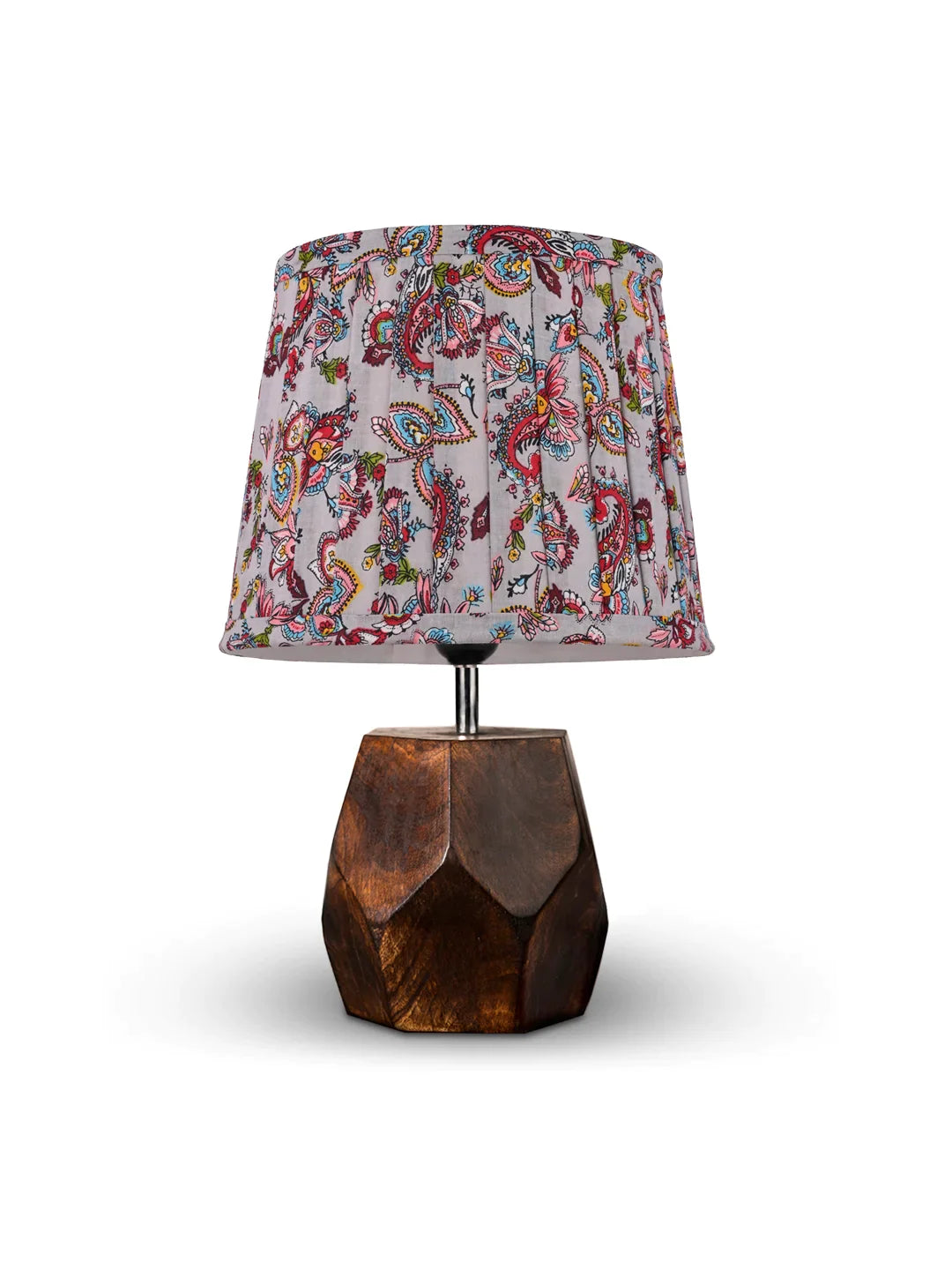 Hexa Wooden Lamp with Pleeted Multicolor Red Shade