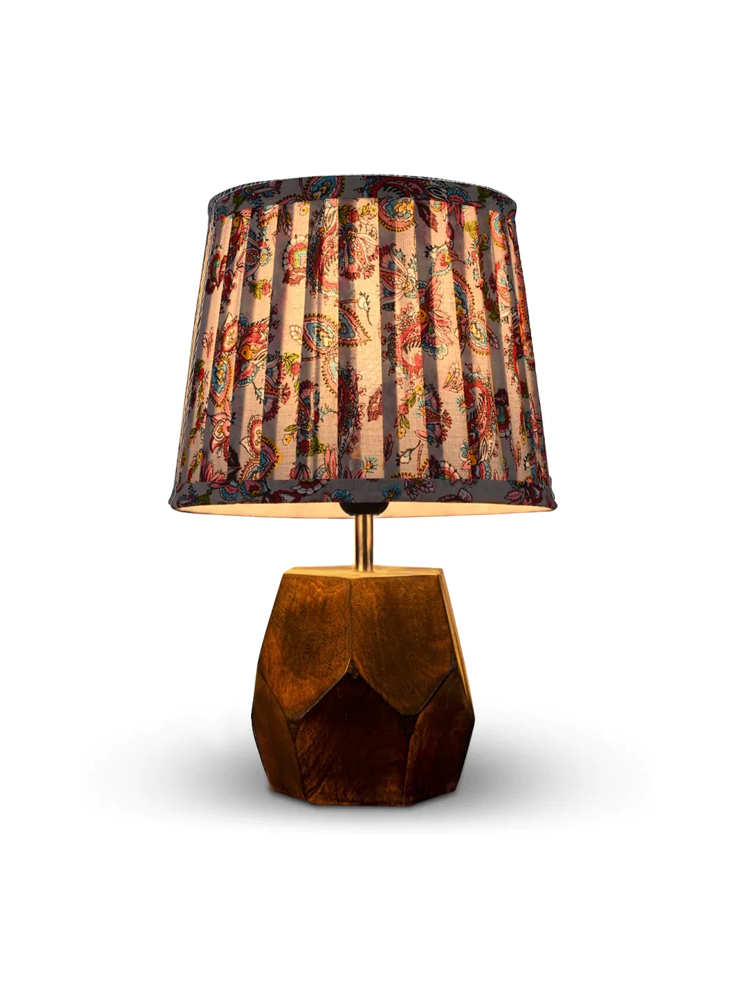 Hexa Wooden Lamp with Pleeted Multicolor Red Shade