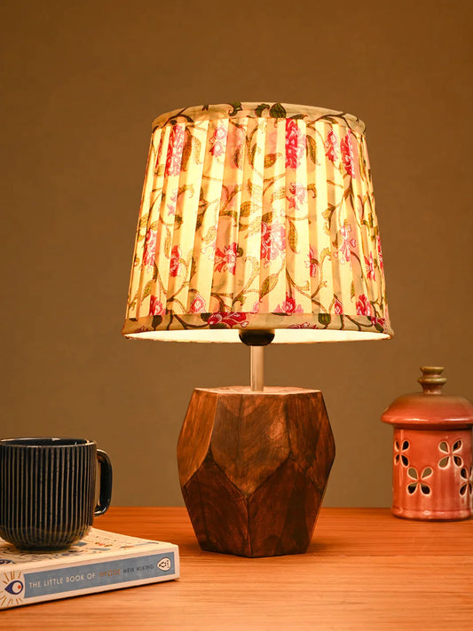 Hexa Wooden Lamp with Pleeted Multicolor Yellow Shade