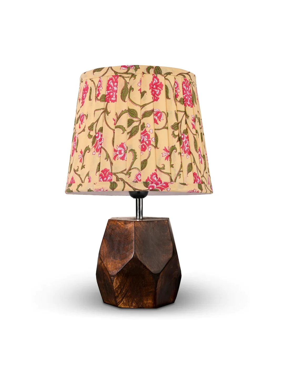Hexa Wooden Lamp with Pleeted Multicolor Yellow Shade