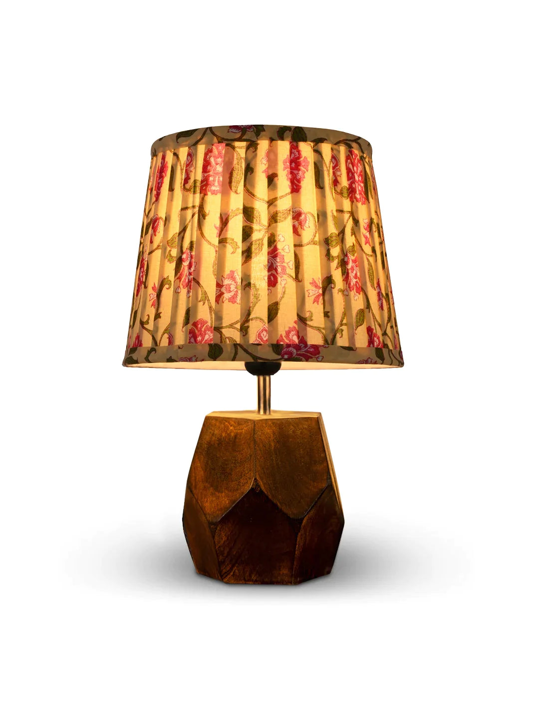 Hexa Wooden Lamp with Pleeted Multicolor Yellow Shade