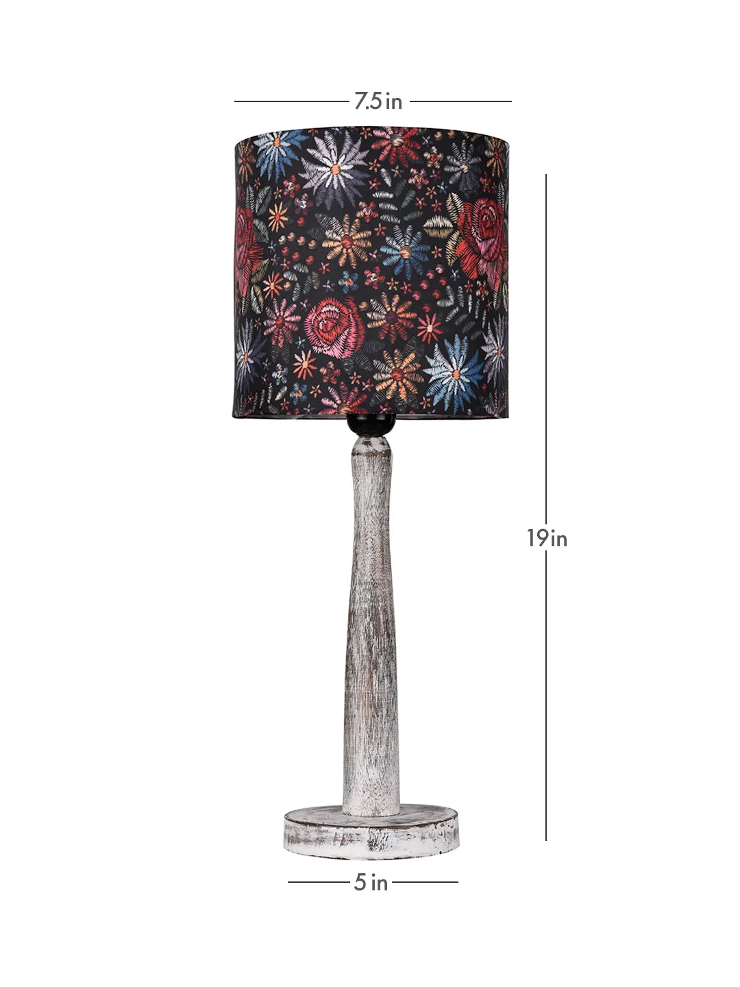 Distress White Wooden Lamp with Black Floral Stitch Shade